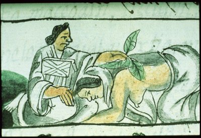Aztec Midwife Administering Herbs to a Woman After Childbirth, from the 